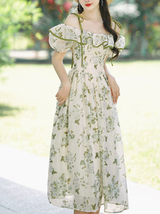 Green Floral Print Off Shoulder Romantic Vintage Dress Inspired By Gone with the Wind
