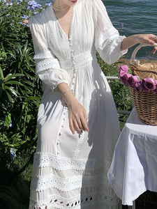 Women's Bohemian White V Neck Hollow Lace Maxi Boho Dress