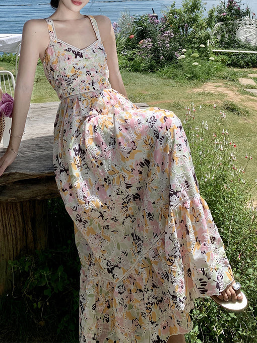 Women's Bohemian White Floral Print Bohemian Dress Maxi Dress