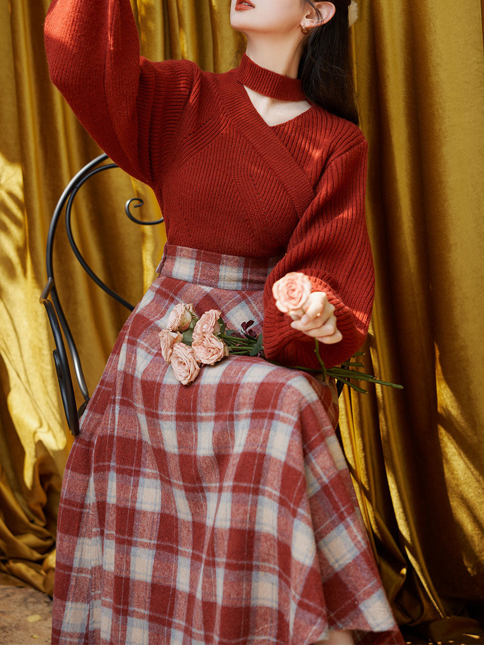 2PS Red Sweater and Scottish Plaid Swing Skirt 1950s Vintage Audrey Hepburn's Style Outfits, Red / S 2PS Red Sweater and Scottish Plaid Swing Skirt 1950s Vintage Audrey Hepburn's Style Outfits, Red / S