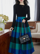 Load image into Gallery viewer, 2 Piece Black Crew Neck Bell Sleeves Sweater and Blue Plaid Swing Skirt Set