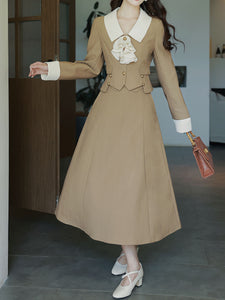 2PS Khaki Cascade Collar Coat and Swing Skirt Vintage 1950S Dress Suit