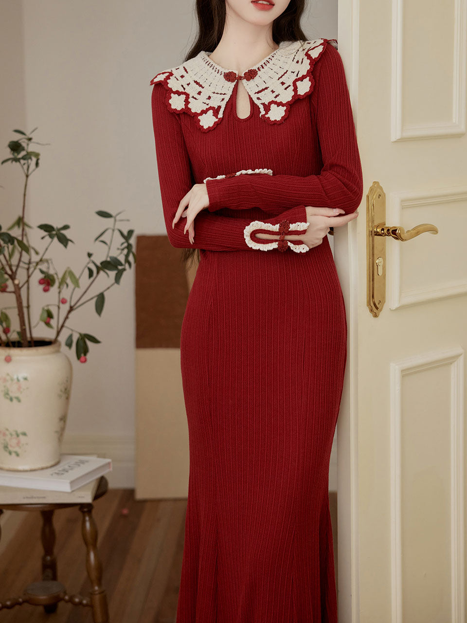 1940s Red High Waist Knitted Sweater Long Sleeve Vintage Dress, Red / S 1940s Red High Waist Knitted Sweater Long Sleeve Vintage Dress, Red / S