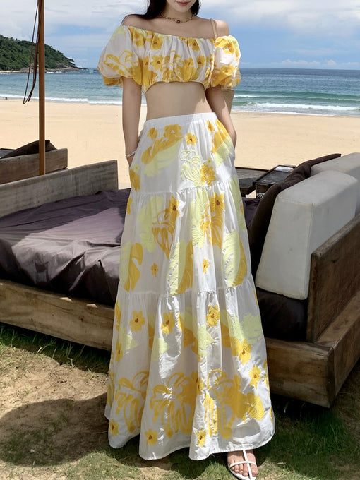 Women's Bohemian White Off The Shoulder Hollow Lace Boho Skirt Suit