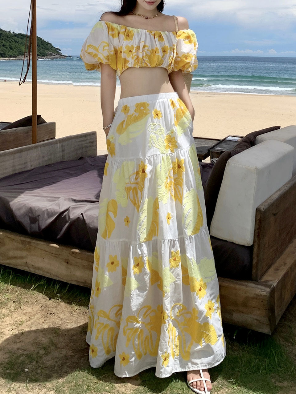 Women's Bohemian White Off The Shoulder Hollow Lace Boho Skirt Suit