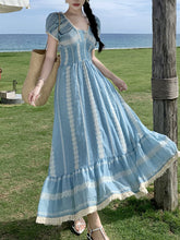 Load image into Gallery viewer, Women&#39;s Bohemian Blue Lace Puff Sleeve Summer Robe Maxi Dress