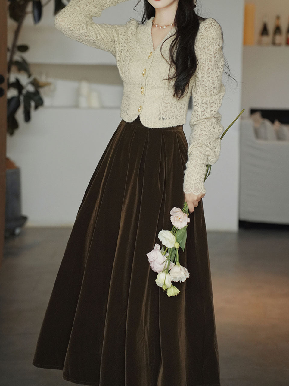 White Lace V Neck Top and Brown Velvet Swing Skirt Dress Set White/Brown / M White Lace V Neck Top and Brown Velvet Swing Skirt Dress Set White/Brown / M