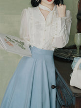Load image into Gallery viewer, 1950S Vintage Embroidered  White Shirt And Blue Swing Skirt Set