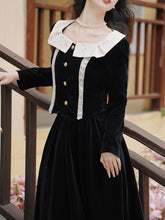 Load image into Gallery viewer, 2PS Black Velvet Dress With White Lace Collar Top and Swing Skirt Vintage 1950s Suits