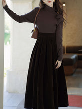 Load image into Gallery viewer, Brown Flower Turtleneck Sweater and Velvet Swing Skirt Dress Set