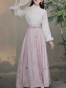 2PS Pink Stand Collar Bell Sleeve Embroidered Top and Horse-face Skirt Vintage Suits