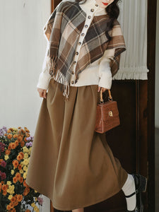 2PS Brown Plaid Turtleneck Knitted Fringed Sweater And Swing Skirt 1950S Vintage Audrey Hepburn's Style Outfits