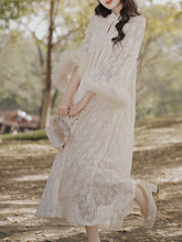 Load image into Gallery viewer, Apricot Lace Fur Sleeve 1950S Vintage Dress With Pearl Belt