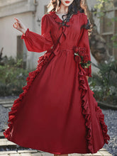 Load image into Gallery viewer, Red Rose V Neck Ruffles Long Sleeve Princess 1950S Vintage Dress