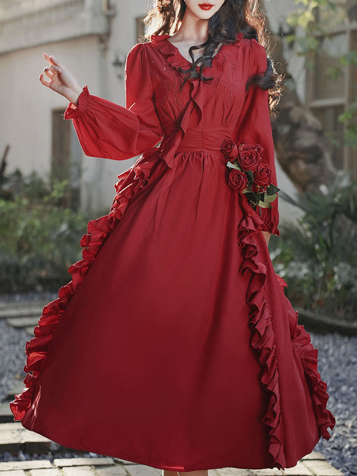 Red Rose V Neck Ruffles Long Sleeve Princess 1950S Vintage Dress