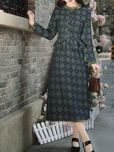 Blue Maisel Style Long Sleeve Retro Diamond Plaid Coat and Skirt Vintage Suit For Women