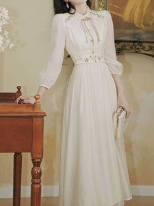 Apricot Embroidered Long Sleeve Vintage Dress with Belt