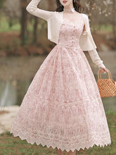 Load image into Gallery viewer, 2PS Pink Embroidered lace Spaghetti Strap Dress With White Shawl Dress Suit