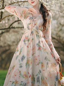 1950S White Ruffles V Neck Floral Print Swing Dress For Women