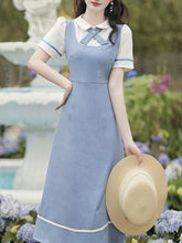 Load image into Gallery viewer, Blue Peter Pan Collar Puff Sleeve Preppy Dress