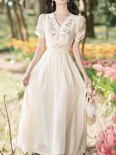 Load image into Gallery viewer, White V Neck Short Embroidered Puff Sleeve 1950S Vintage Dress