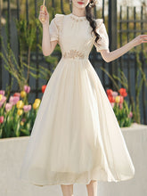 Load image into Gallery viewer, White Ruffles Collar Embroidered Puff Sleeve 1950S Vintage Dress