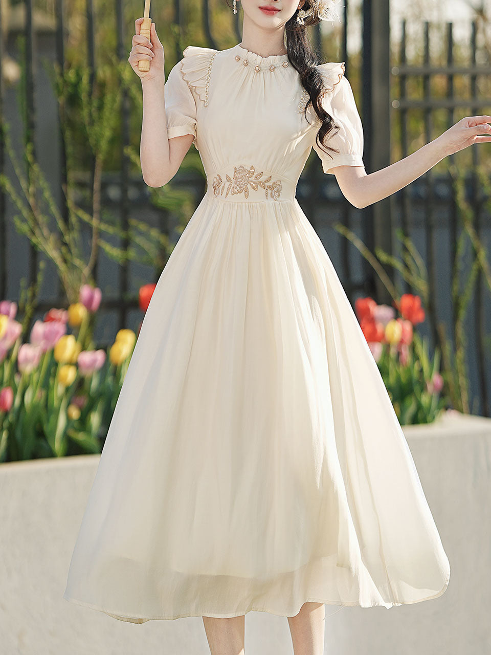 White Ruffles Collar Embroidered Puff Sleeve 1950S Vintage Dress