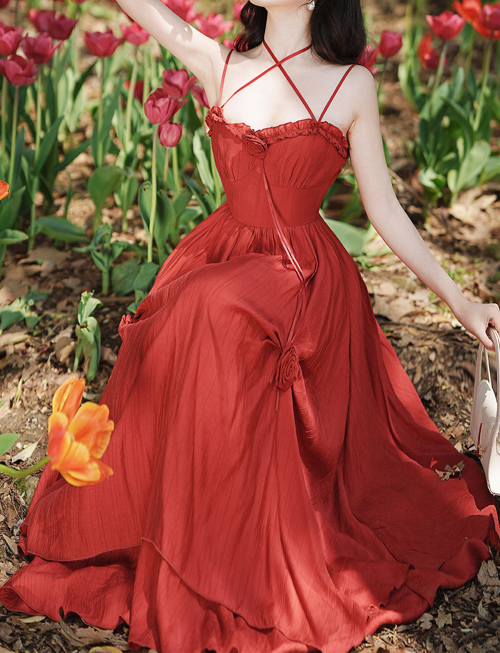 red ruffle strap dress Ruffled Straps Red Pleated Layered Long Prom Dress FancyVestido