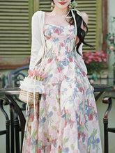 Load image into Gallery viewer, 2PS White Floral Print Spaghetti Strap 1950S Vintage Dress With Long Sleeve Ruffles Cardigan