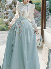 Load image into Gallery viewer, 2PS Blue Stand Collar Embroidered Top and White Horse-face Skirt Vintage Suits