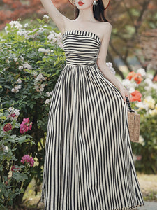 1950S Hepburn Style Black and White Stripe Swing Dress For Women
