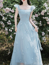 Load image into Gallery viewer, Baby Blue Sea Salt Flowers Delicate Fabric Square Neck Vintage Midi Cute Dress