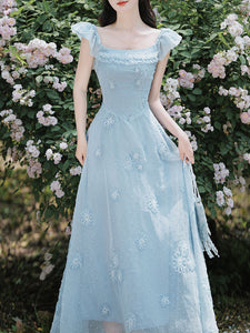 Baby Blue Sea Salt Flowers Delicate Fabric Square Neck Vintage Midi Cute Dress