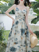 Load image into Gallery viewer, 2PS Blue Floral Print Spaghetti Strap 1950S Vintage Dress With Long Sleeve Cardigan