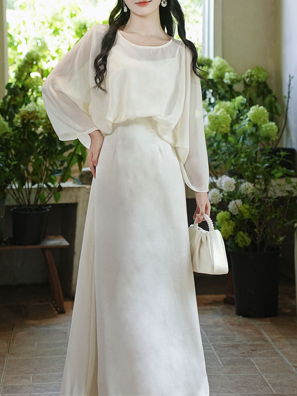 white two piece maxi dress White Bamboo Leaf Pattern Jacquard Satin Bat Sleeve Fake Two-piece Maxi Dress, White / L