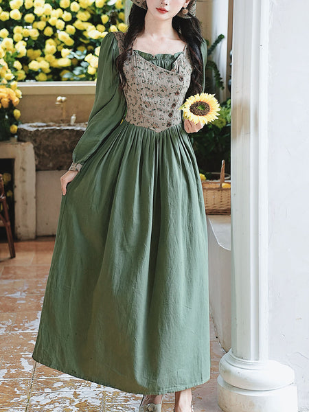 Green Floral Print Long Sleeve Vintage Cottagecore Cotton Dress, Green / L