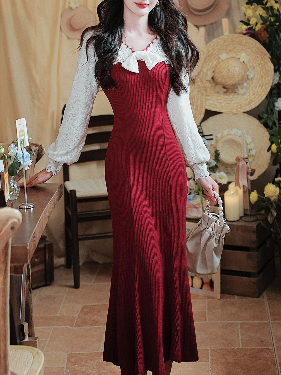 1940S Red High Waist Knitted Sweater Long Sleeve Vintage Dress, Red / XS