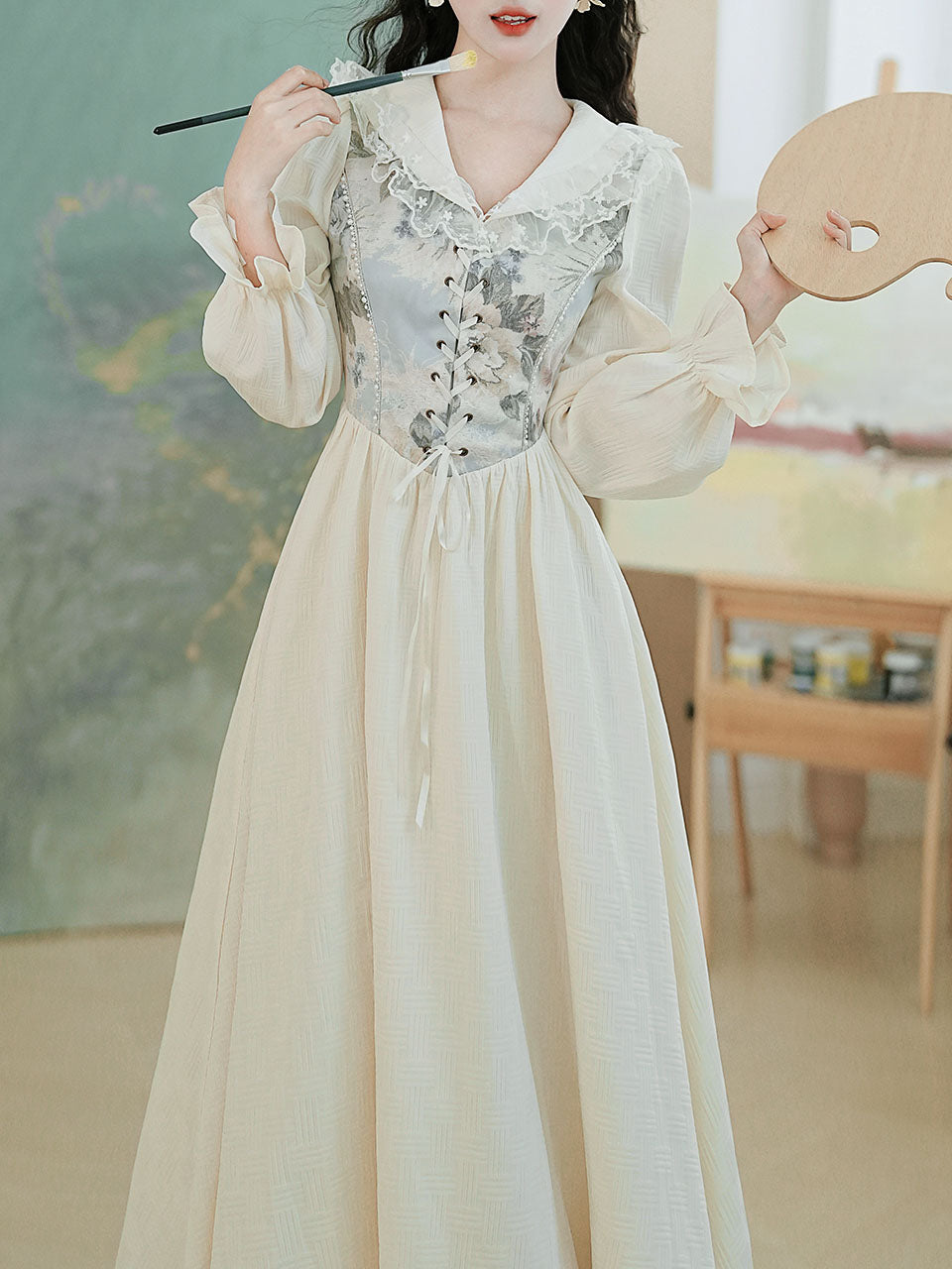 White V Neck Printed Long Sleeve Corset Vintage Dress, White / L White V Neck Printed Long Sleeve Corset Vintage Dress, White / L