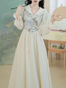 White V Neck Printed Long Sleeve Corset Vintage Dress