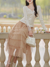 Load image into Gallery viewer, 2PS White V Neck Knitted Sweater and Swing Mesh Fairy Skirt Dress Set