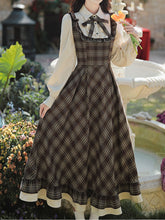 Load image into Gallery viewer, Brown Plaid Fake Two-Piece Long Sleeve Vintage Dress
