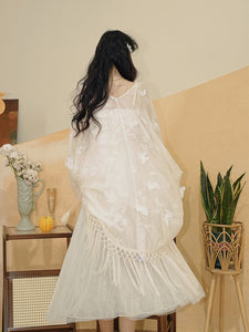 White Jacquard Acetate Spaghetti Strap with Tulle Wedding Maxi Dress and Butterfly Cardigan