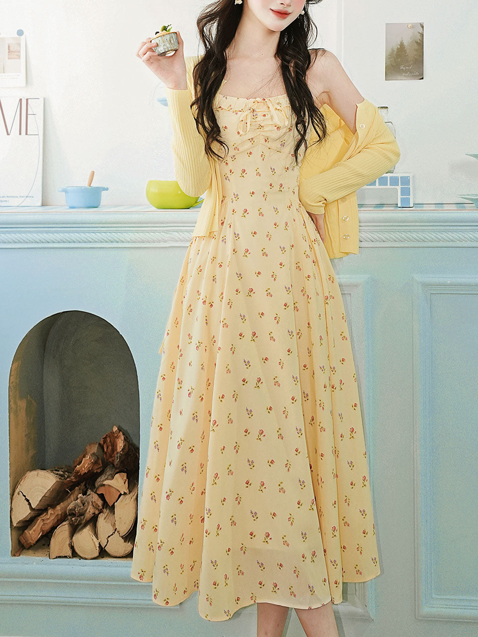 2PS Yellow Floral Spaghetti Strap 1950S Vintage Dress With Long Sleeve Ruffles Cardigan, Yellow / L
