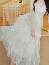 Load image into Gallery viewer, Vintage White Square Neck Butterfly Sequins  Lace Ruffle Long Sleeve Dress