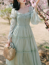 Load image into Gallery viewer, Green Square Collar Lace Ruffles Edwardian Revival Vintage Dress