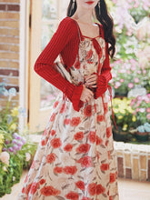 Load image into Gallery viewer, 2PS Red Rose Spaghetti Strap 1950S Vintage Dress With Long Sleeve Ruffles Cardigan