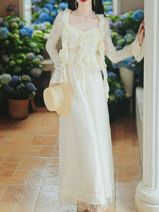 3 Piece Set White Ruffles Top and Wide Legged Pants 1950S Lace Cardigan Vintage Suit