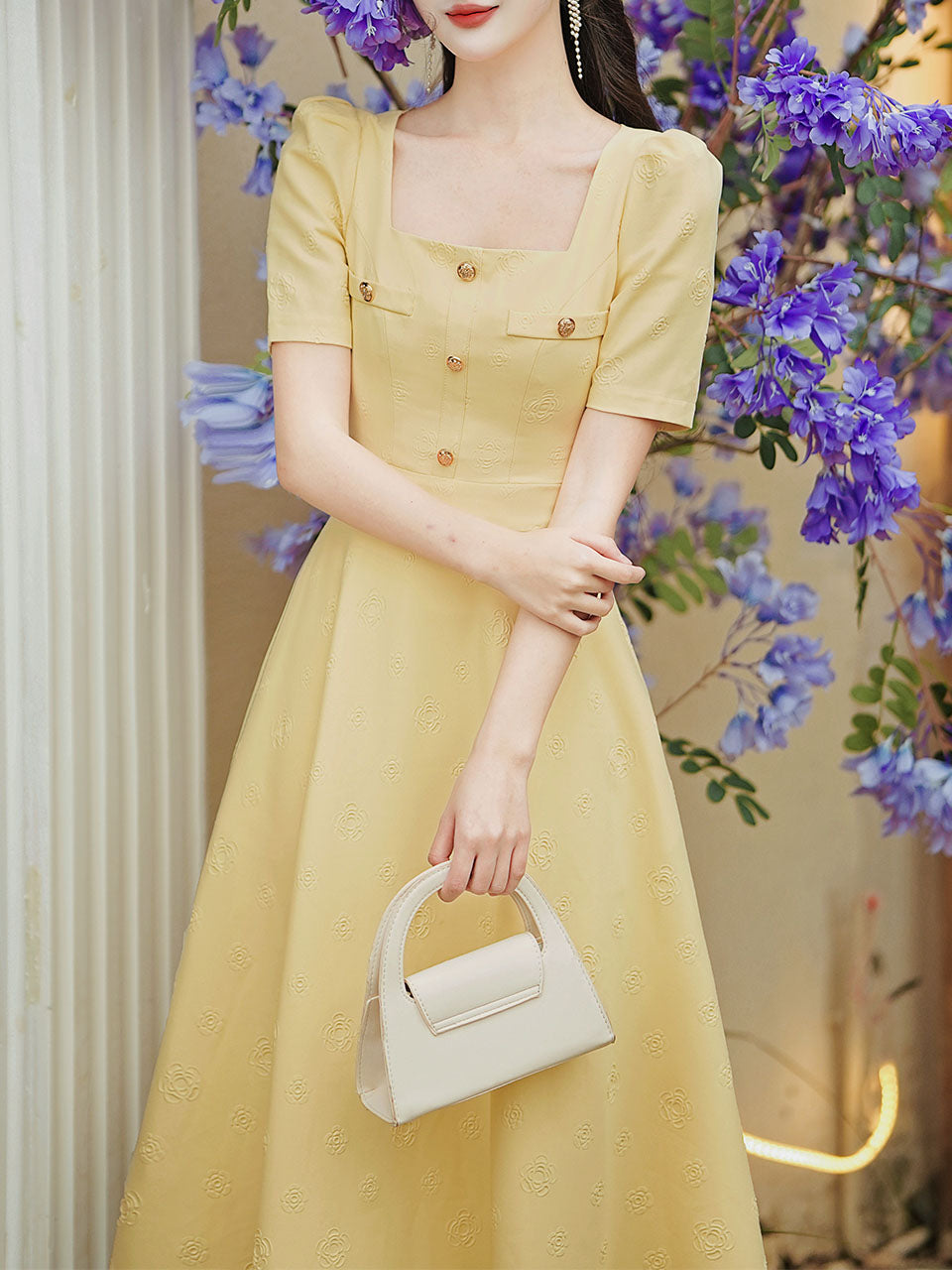 Yellow Square Neck Short Sleeve 1950S Vintage Dress  Jolly Vintage
