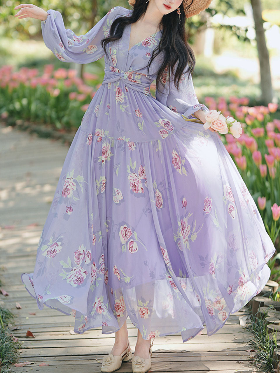 Purple Floral Print V Neck Long Sleeve Vintage Dress Purple / L Purple Floral Print V Neck Long Sleeve Vintage Dress Purple / L