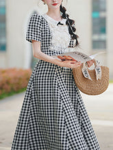 Load image into Gallery viewer, Black and White Plaid Lace Peter Pan Collar 1950s Vintage Dress